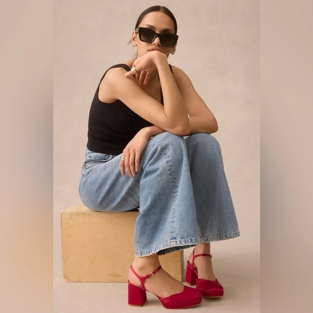 NIB Reformation Marisol Platform Heel 8.5 Rhubarb Magenta Fuschia Satin